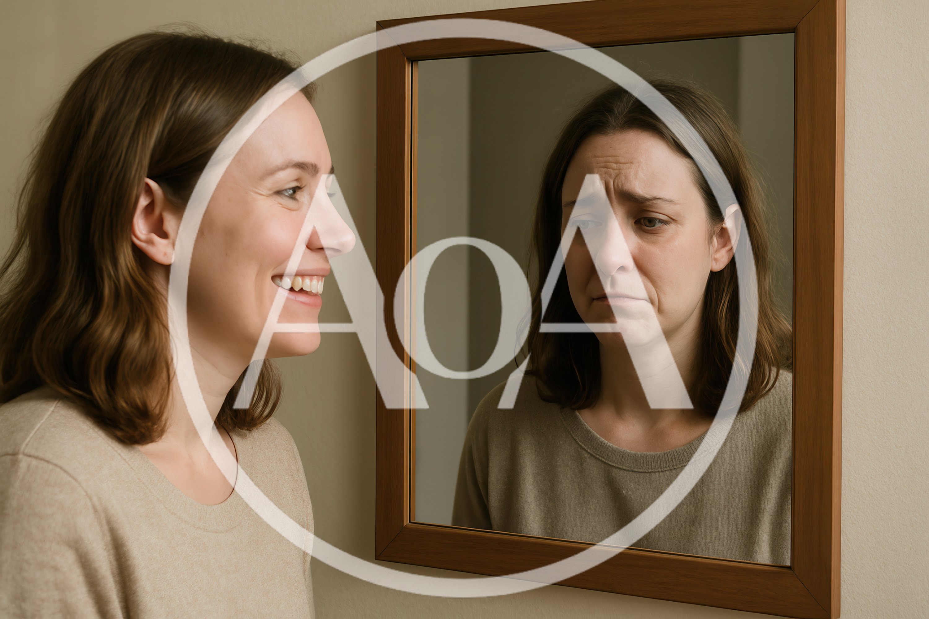 Woman Smiling While Her Reflection Appears Sad