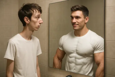 Young Man Looking At Muscular Reflection In Bathroom Mirror
