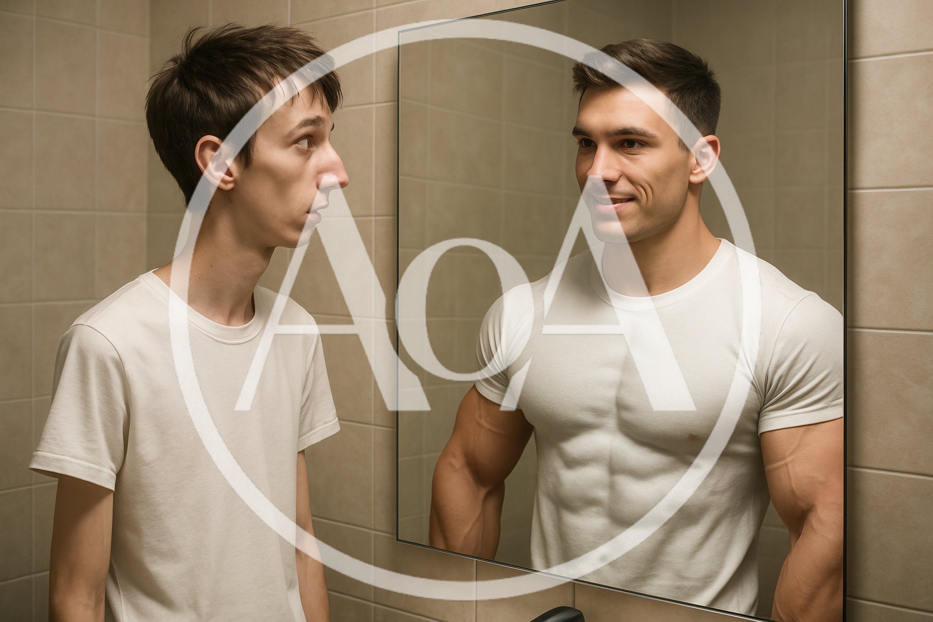 Young Man Looking At Muscular Reflection In Bathroom Mirror