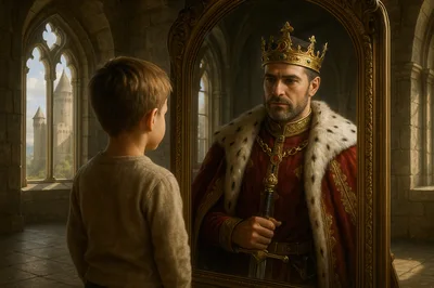 Young Boy Looking At King Reflection In Mirror