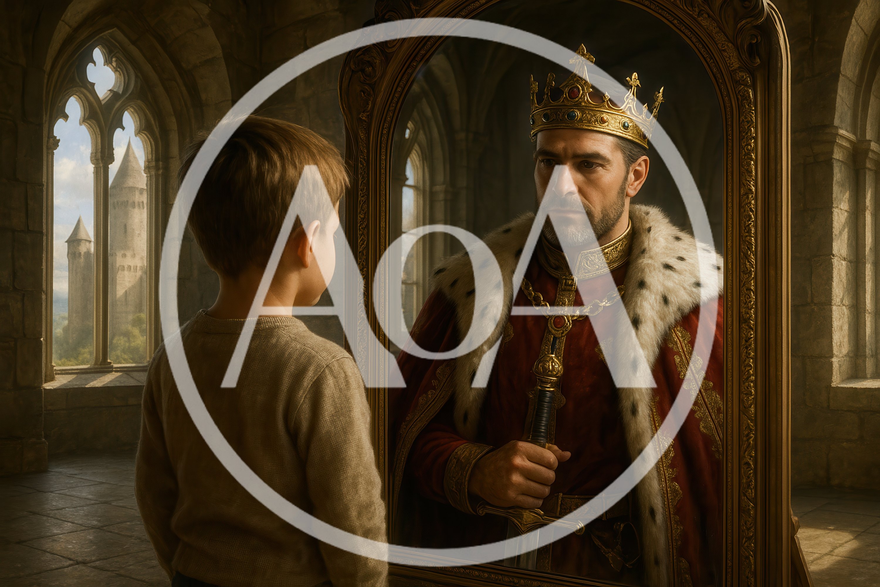 Young Boy Looking At King Reflection In Mirror