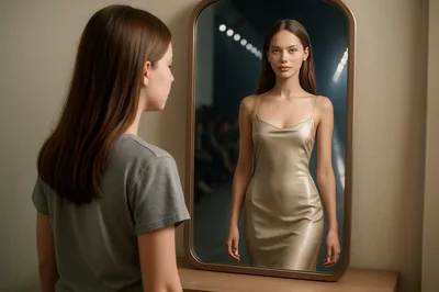 Young Woman Looking At Her Reflection In A Mirror