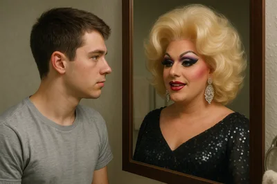 Young Man Looking At Drag Queen Reflection In Mirror