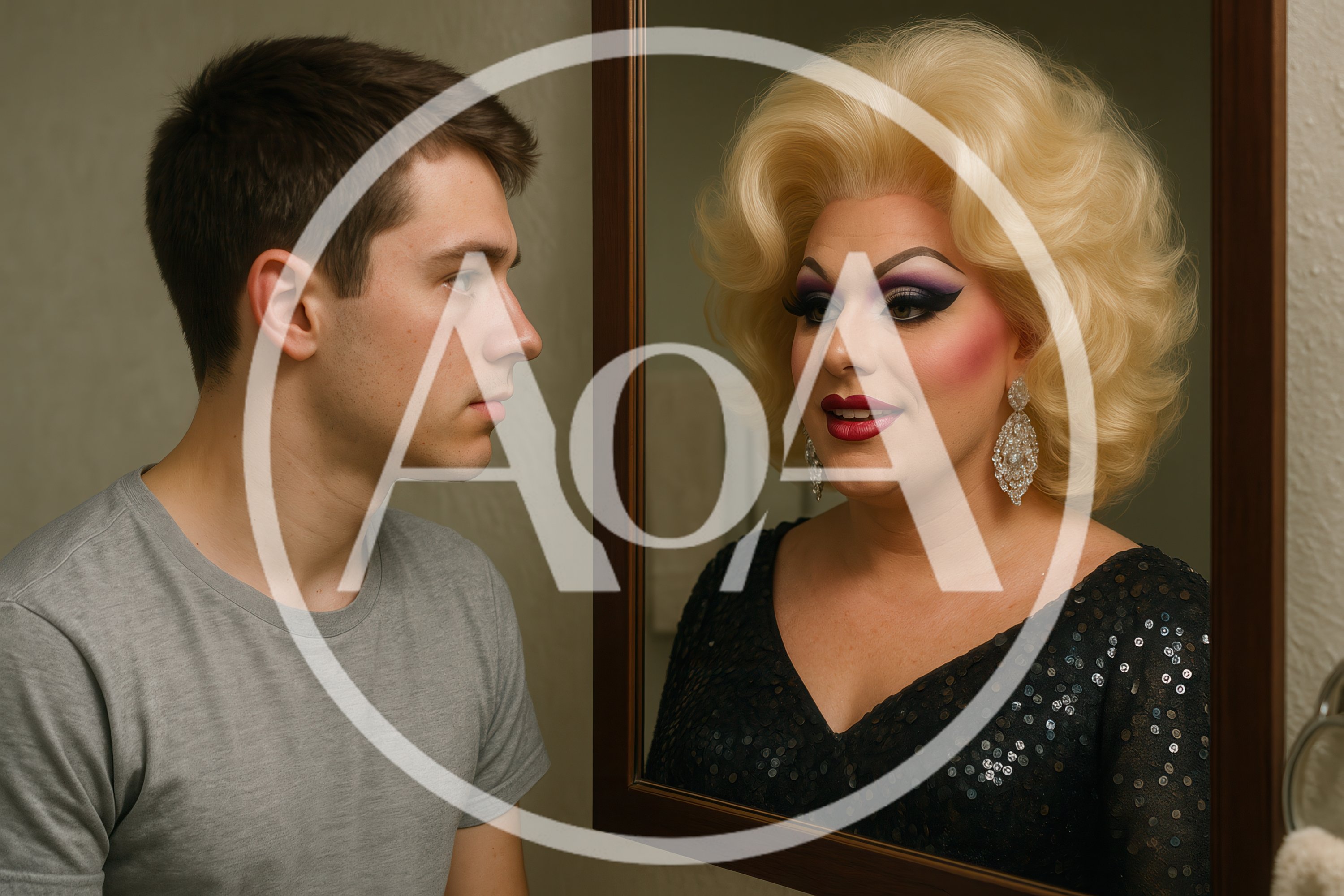 Young Man Looking At Drag Queen Reflection In Mirror