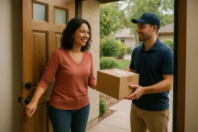 Delivery Driver Handing Package To A Smiling Woman