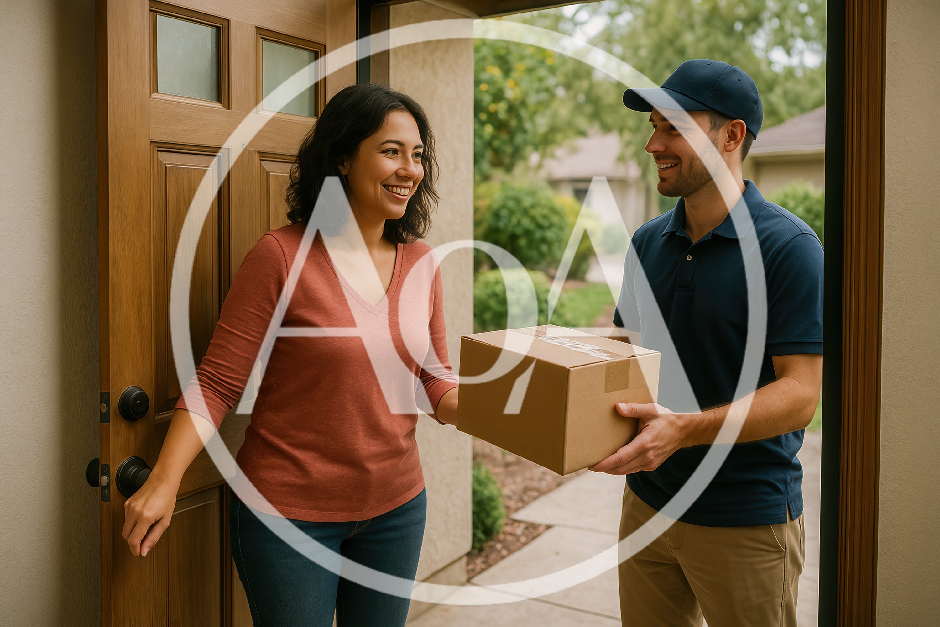 Delivery Driver Handing Package To A Smiling Woman