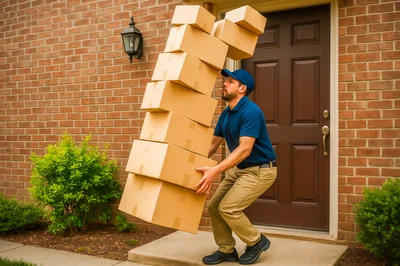 Delivery Driver Carrying A Tall Stack Of Cardboard Boxes