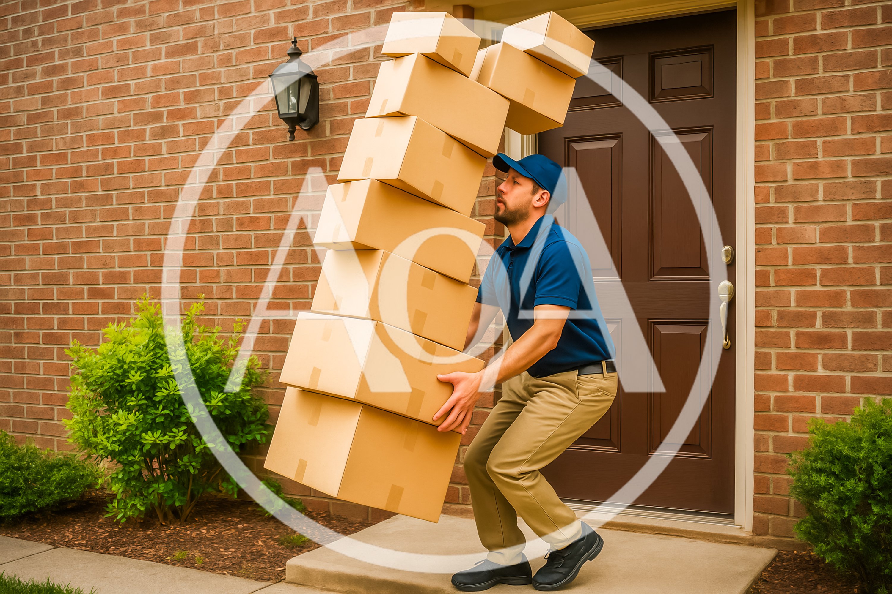 Delivery Driver Carrying A Tall Stack Of Cardboard Boxes
