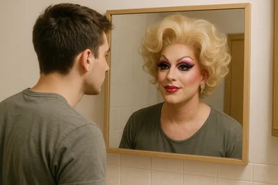 Man Looking At Drag Queen Reflection In Mirror