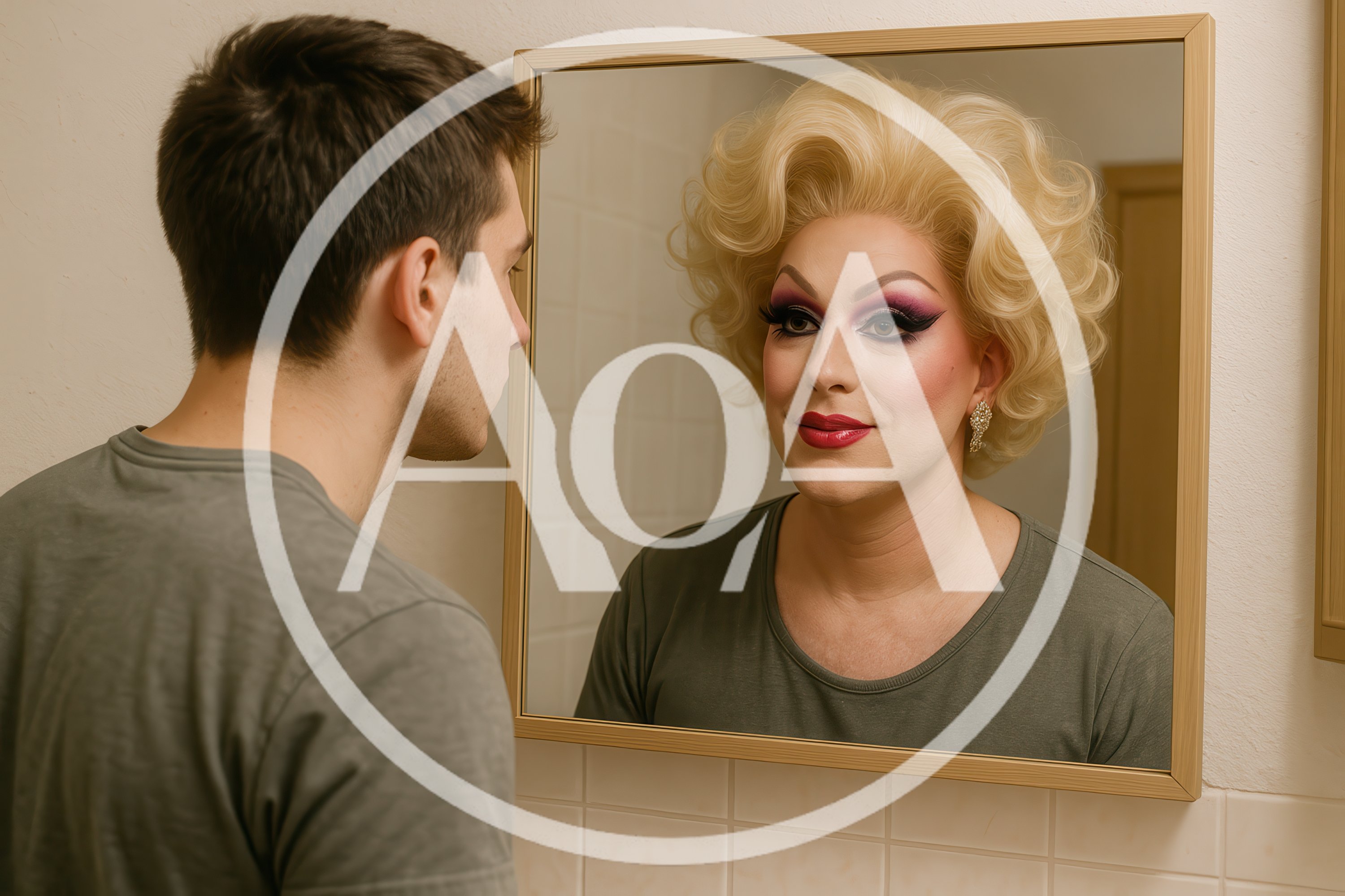 Man Looking At Drag Queen Reflection In Mirror