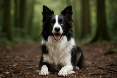 Border Collie Dog Resting On A Forest Path
