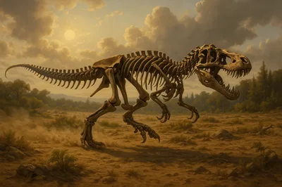 Dinosaur Skeleton Standing In A Dusty Landscape