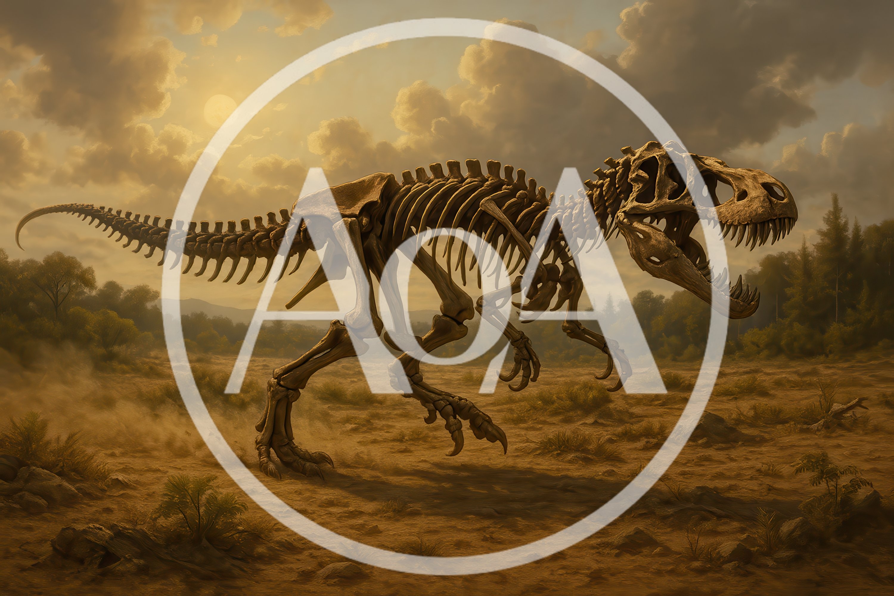 Dinosaur Skeleton Standing In A Dusty Landscape
