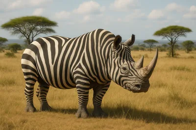 Surreal Zebra Patterned Rhinoceros Standing In African Savanna