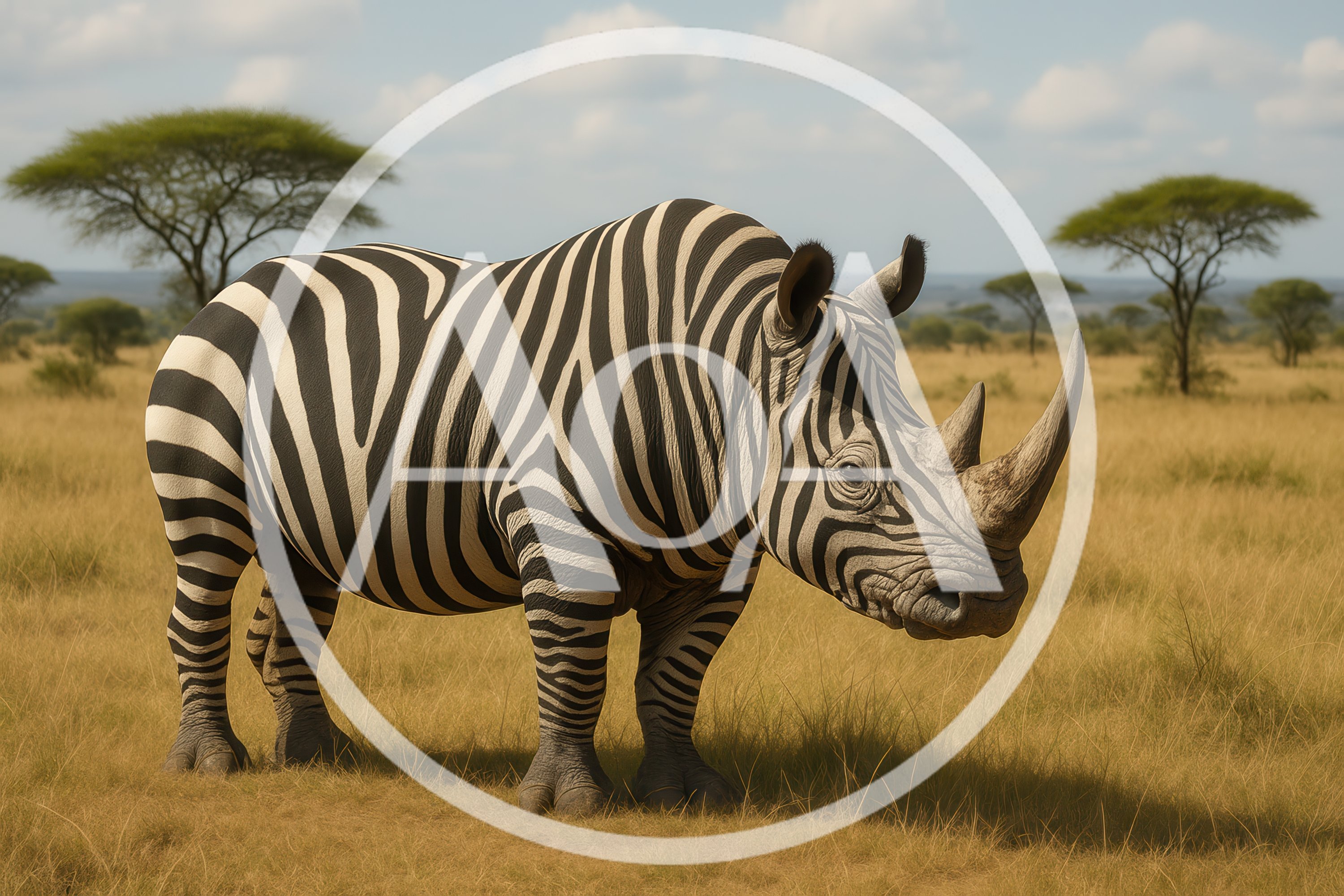 Surreal Zebra Patterned Rhinoceros Standing In African Savanna