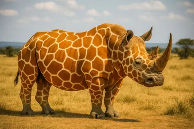 Surreal Giraffe Patterned Rhinoceros Standing In African Savanna