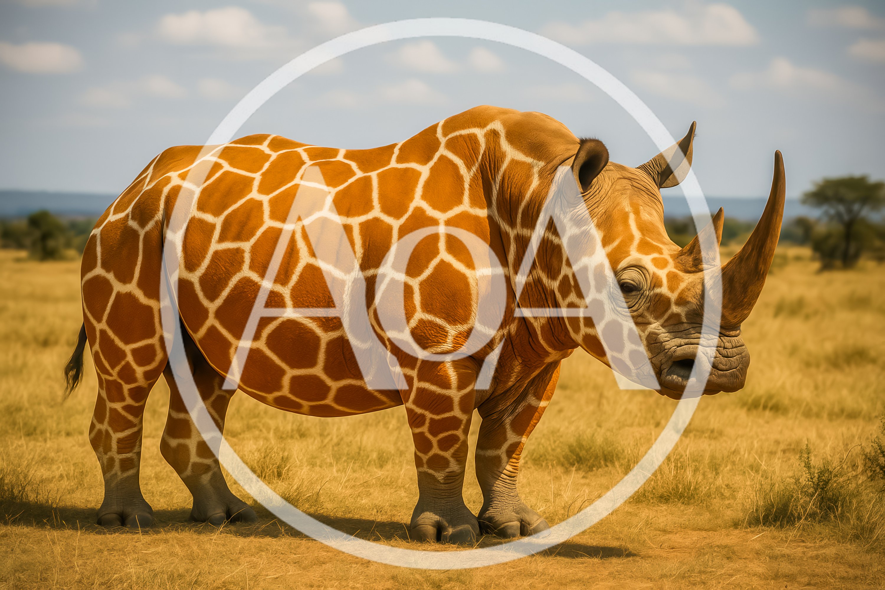 Surreal Giraffe Patterned Rhinoceros Standing In African Savanna