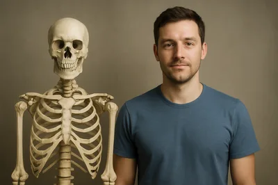 Man Standing Next To A Human Skeleton Model