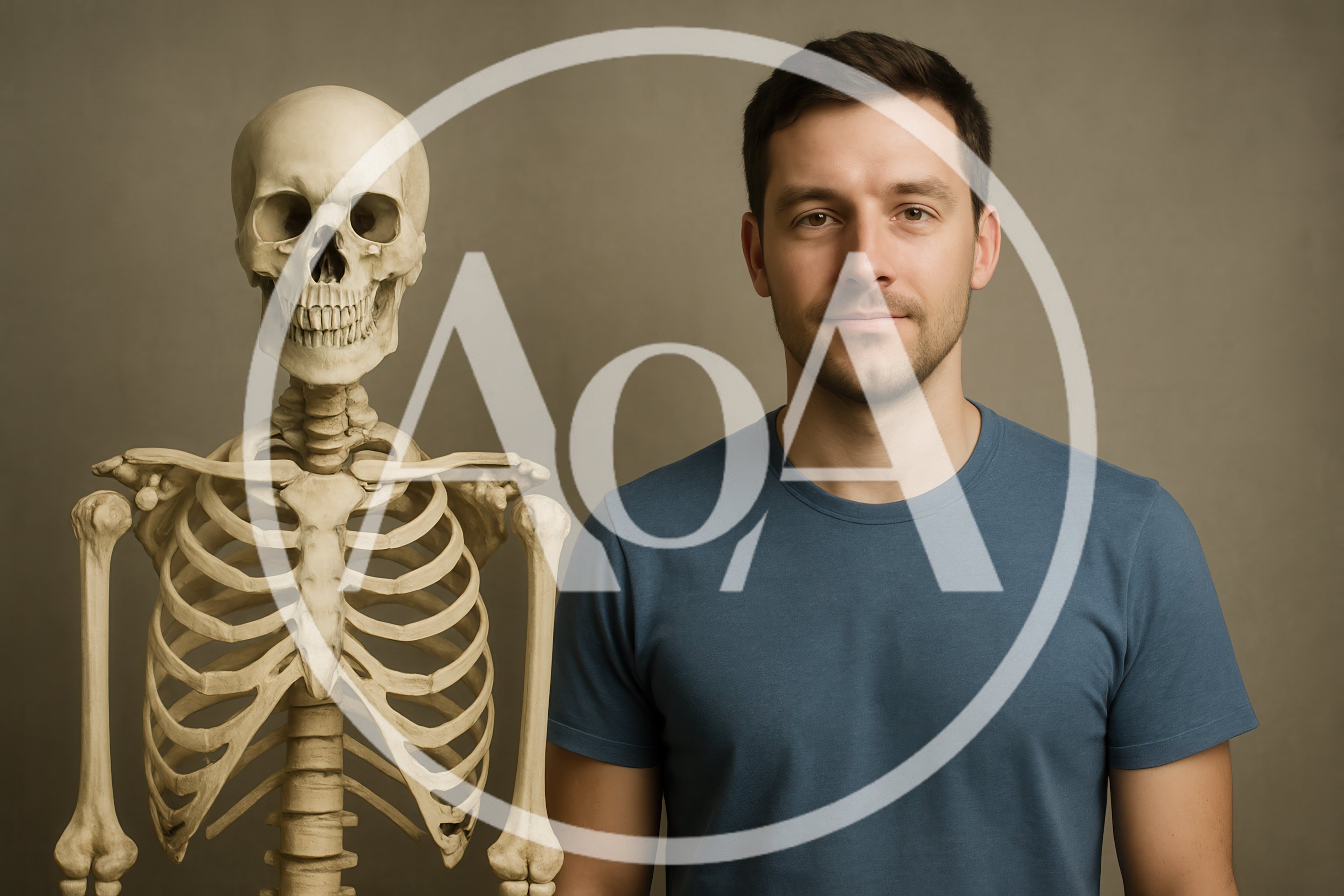 Man Standing Next To A Human Skeleton Model
