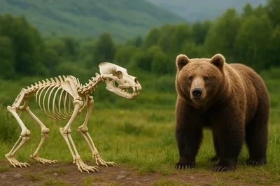 Brown Bear Standing Beside A Bear Skeleton