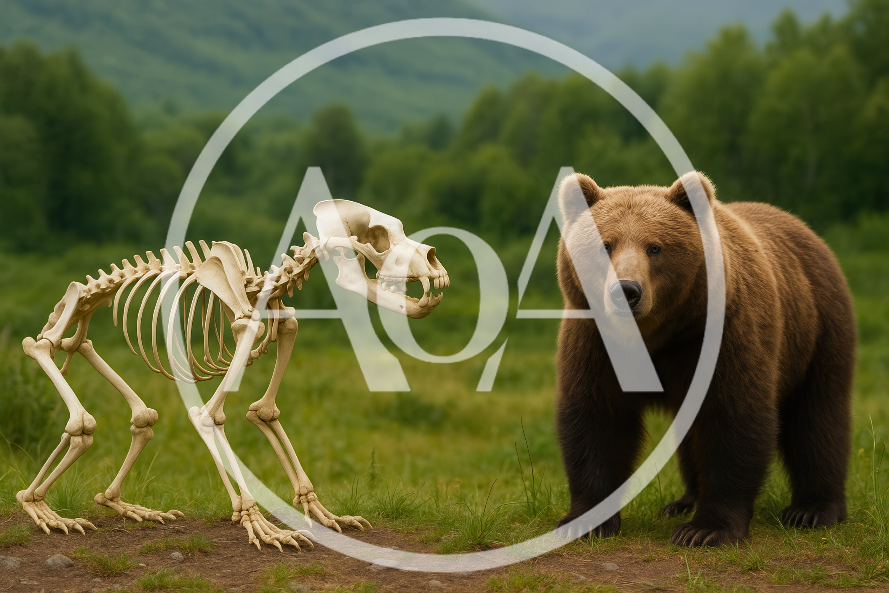 Brown Bear Standing Beside A Bear Skeleton