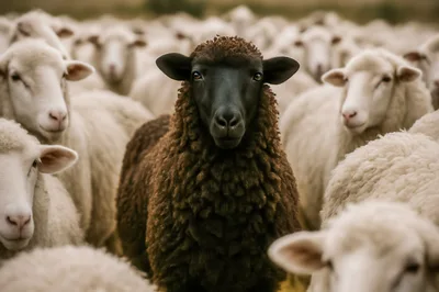 Black Sheep Standing Out In A Flock Of White