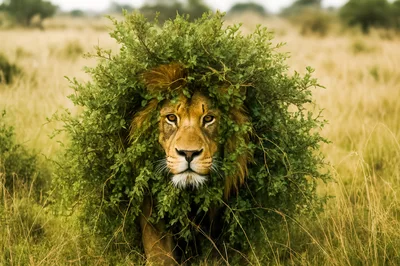 Male Lion With Green Foliage Mane In Savannah