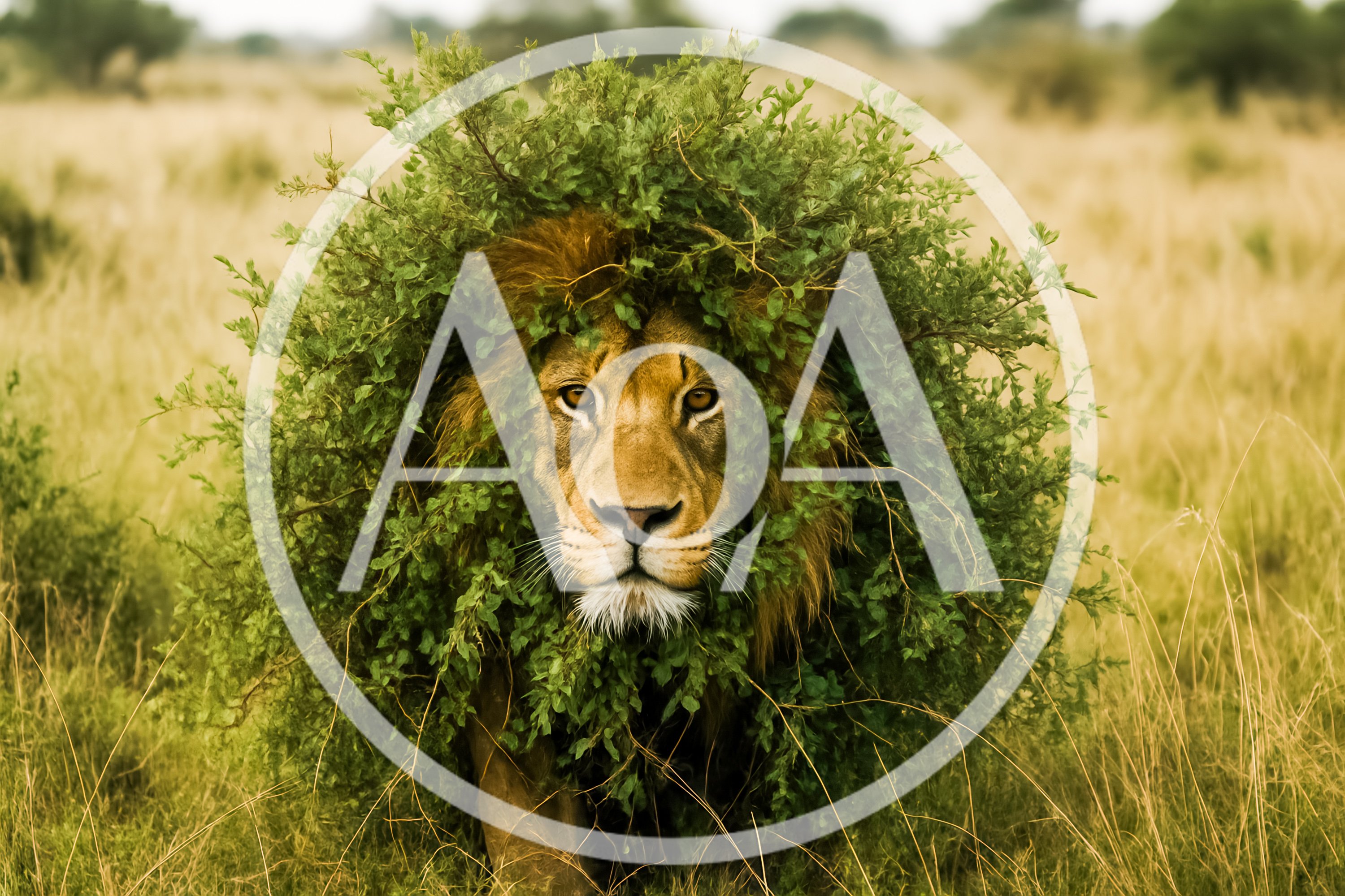 Male Lion With Green Foliage Mane In Savannah