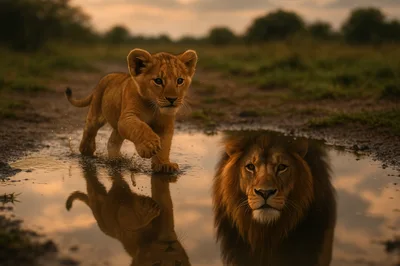 Lion Cub Walking Through Puddle With Adult Reflection