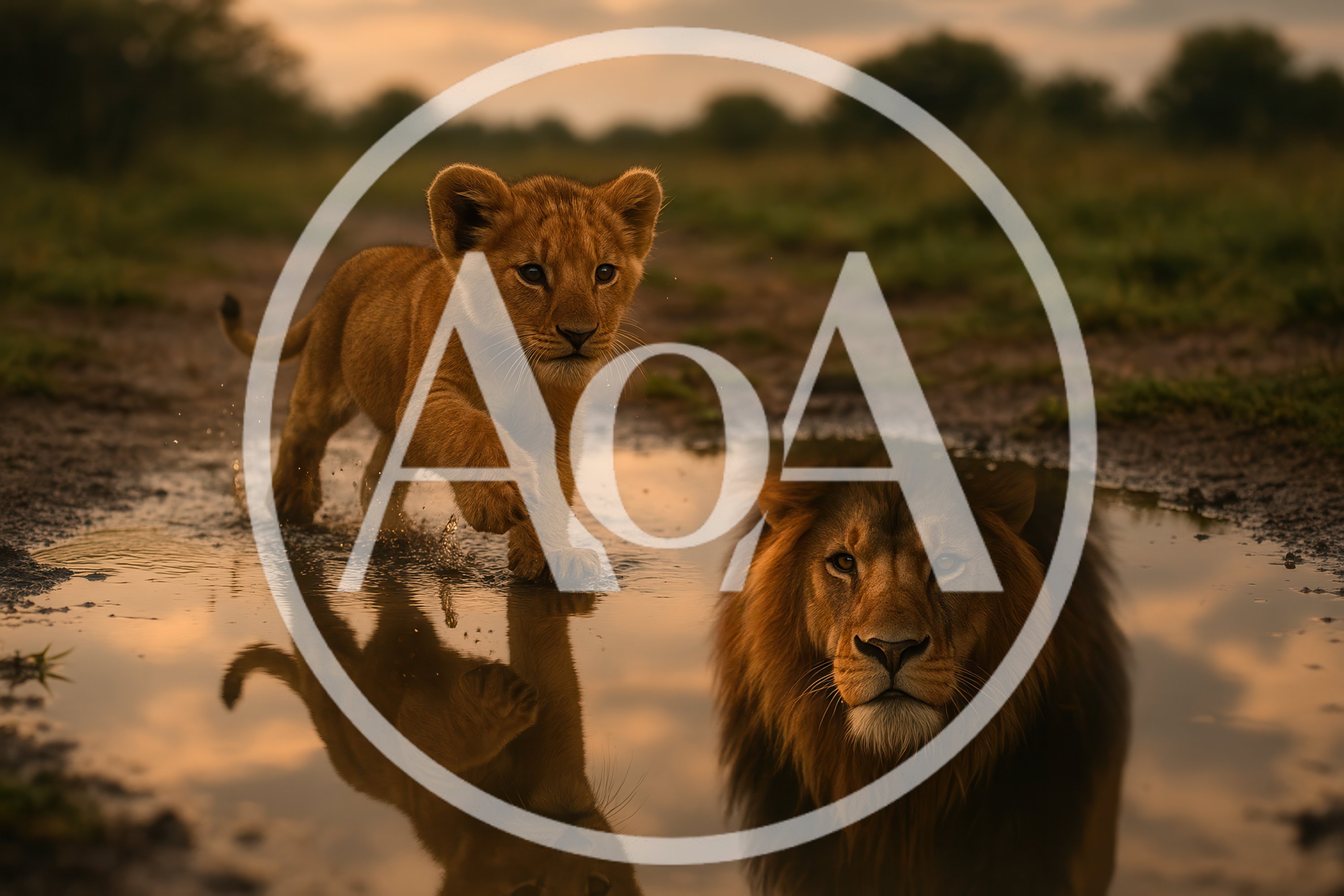 Lion Cub Walking Through Puddle With Adult Reflection