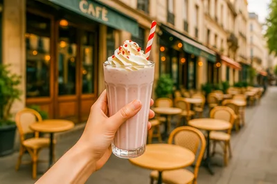 Hand Holding Strawberry Milkshake Outside Parisian Cafe