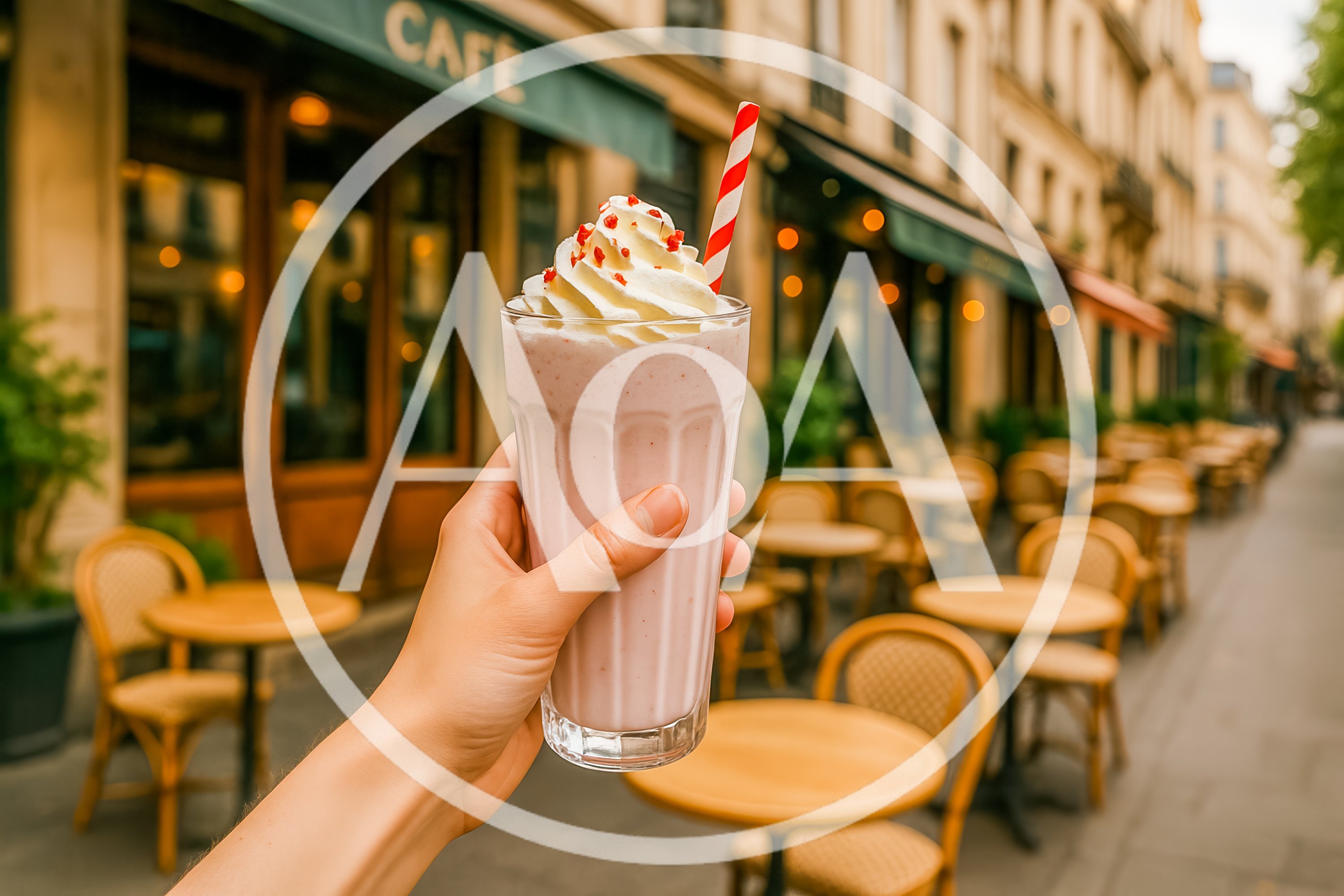 Hand Holding Strawberry Milkshake Outside Parisian Cafe