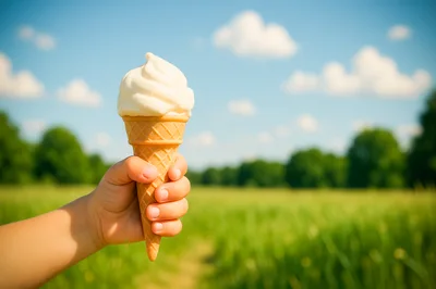 Child Holding Vanilla Ice Cream Cone In Sunny Field