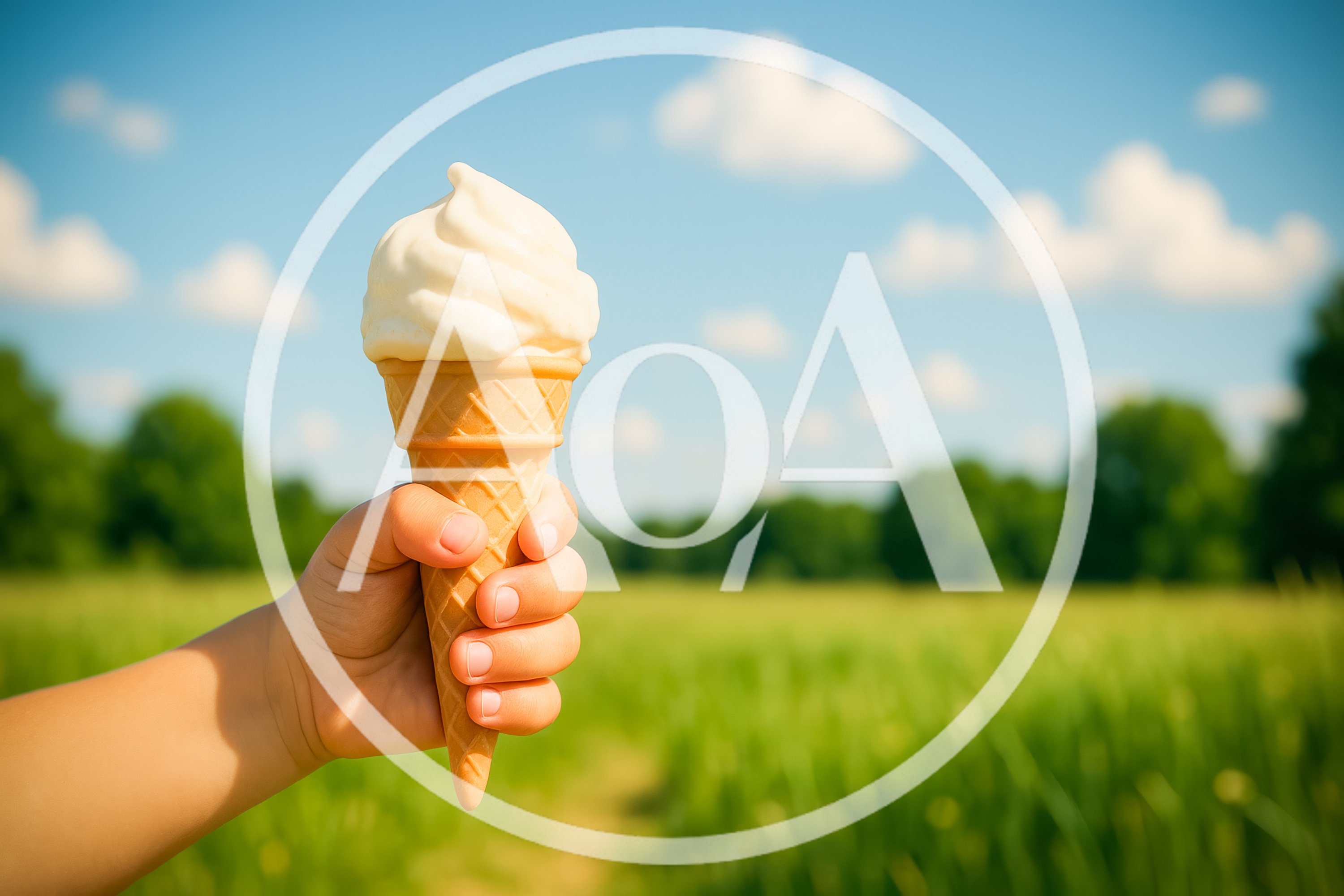 Child Holding Vanilla Ice Cream Cone In Sunny Field