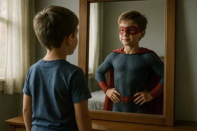 Young Boy Imagining Himself As A Superhero In Mirror