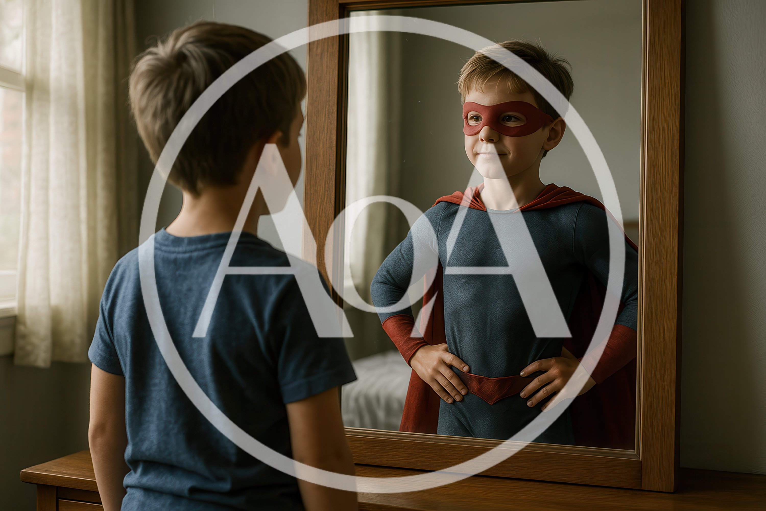 Young Boy Imagining Himself As A Superhero In Mirror