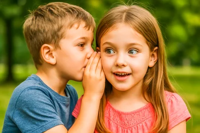 Young Boy Whispering A Secret To A Girl