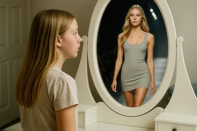 Young Girl Looking At Her Reflection In A Mirror