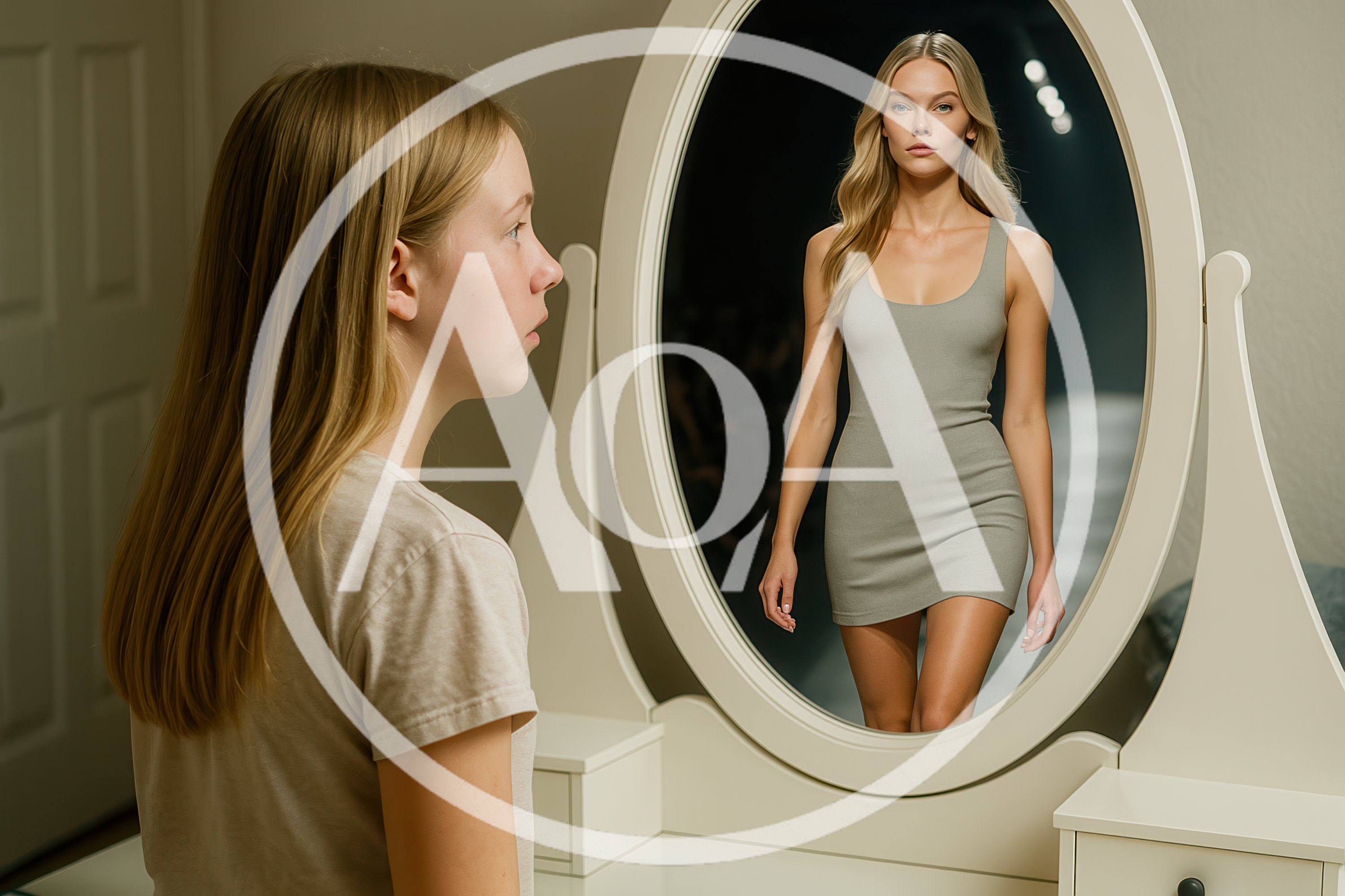 Young Girl Looking At Her Reflection In A Mirror