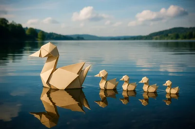 Origami Paper Ducks Floating On A Calm Lake