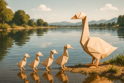 Origami Goose Family Standing By A Calm River