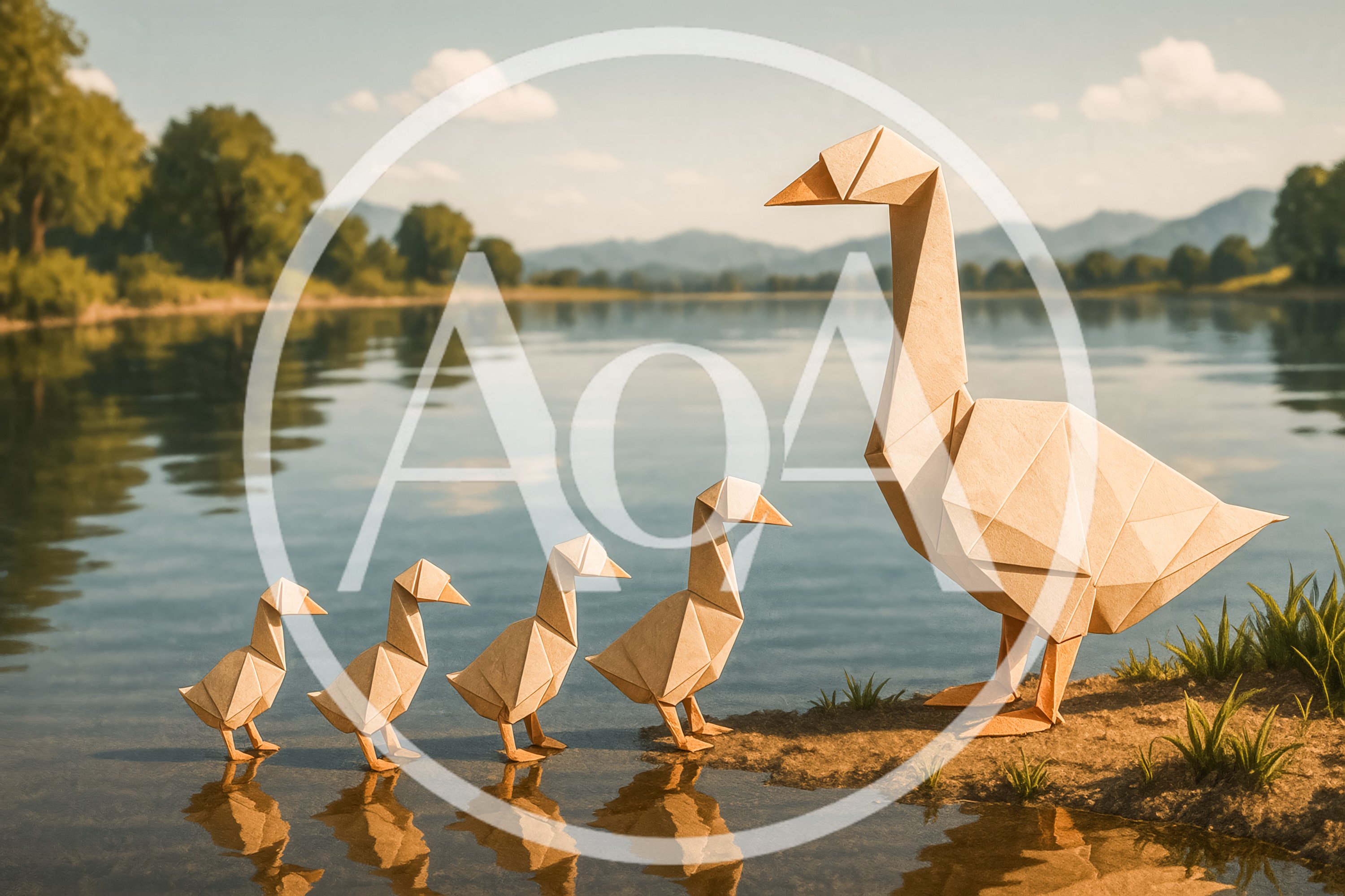 Origami Goose Family Standing By A Calm River