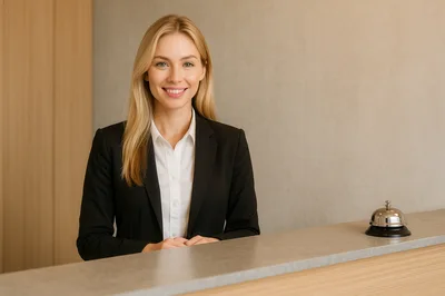 Professional Hotel Receptionist Standing At Front Desk