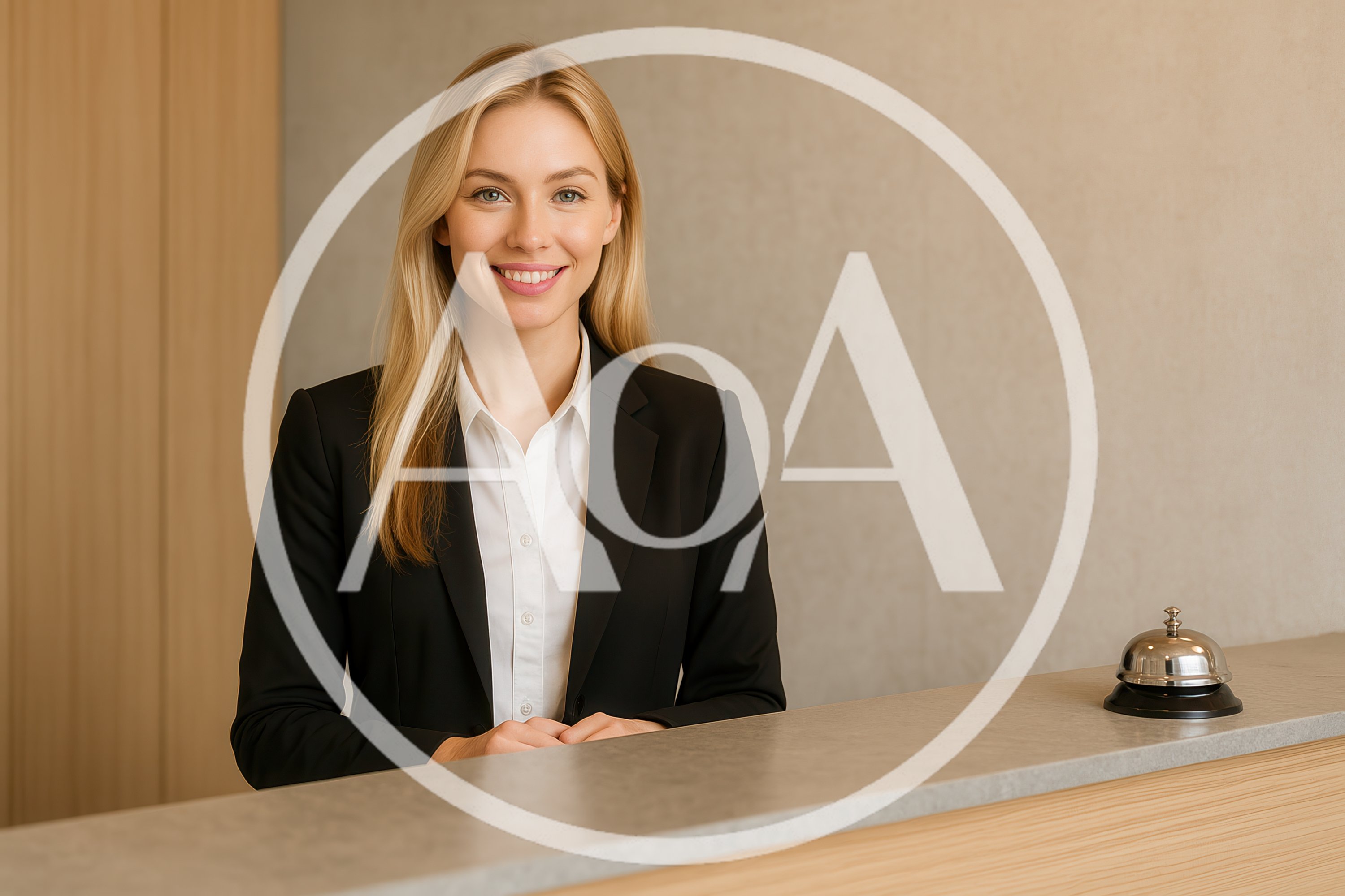 Professional Hotel Receptionist Standing At Front Desk