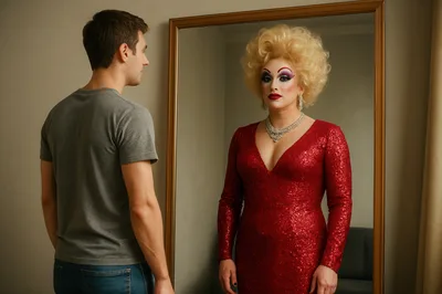 Man Looking At Drag Queen Reflection In Mirror