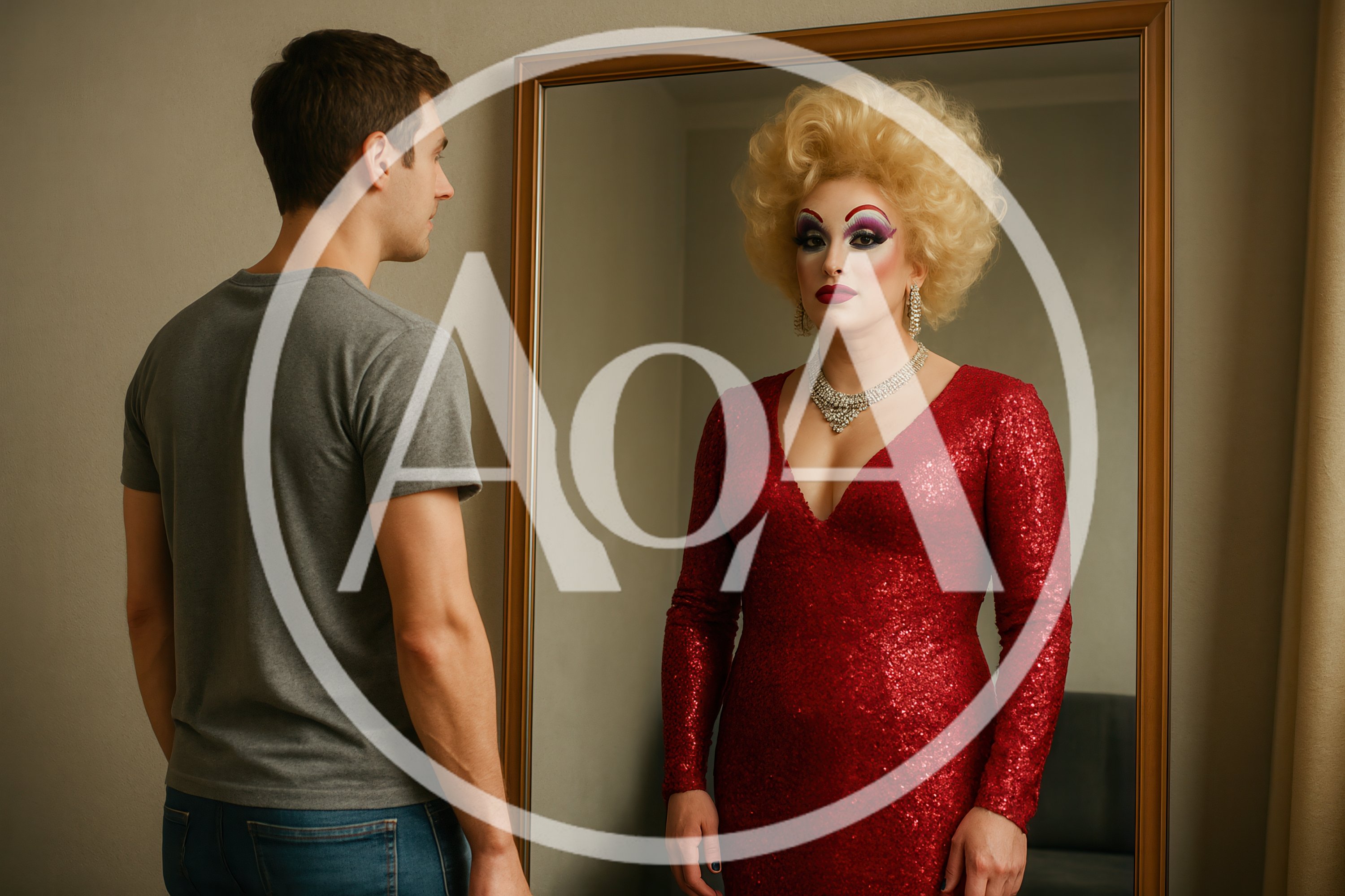 Man Looking At Drag Queen Reflection In Mirror