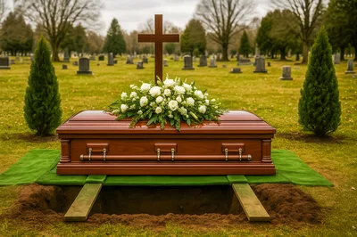 Wooden Casket With Flowers At A Cemetery Burial Site