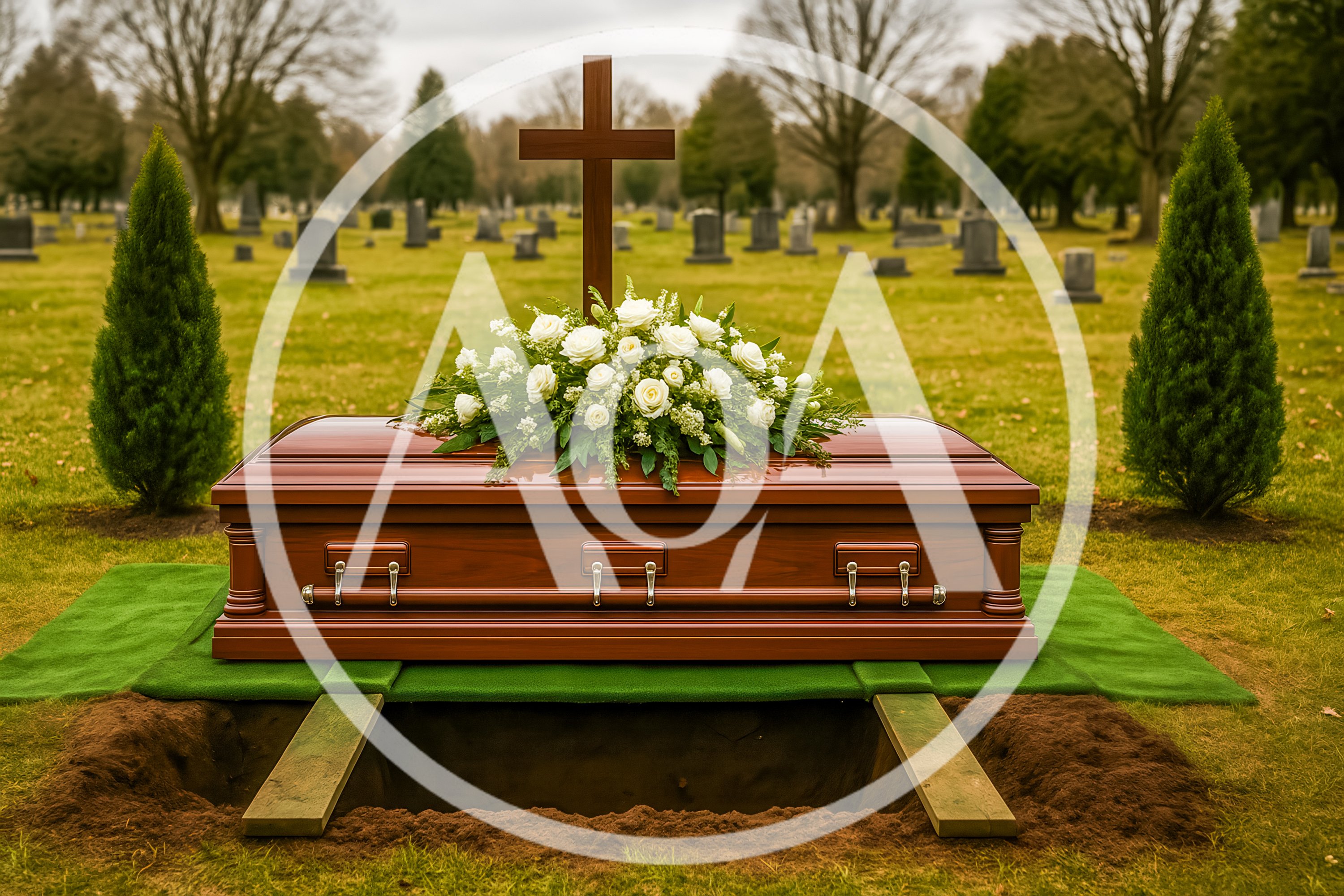 Wooden Casket With Flowers At A Cemetery Burial Site