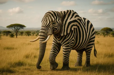 Surreal Zebra Patterned Elephant Walking Through African Savanna