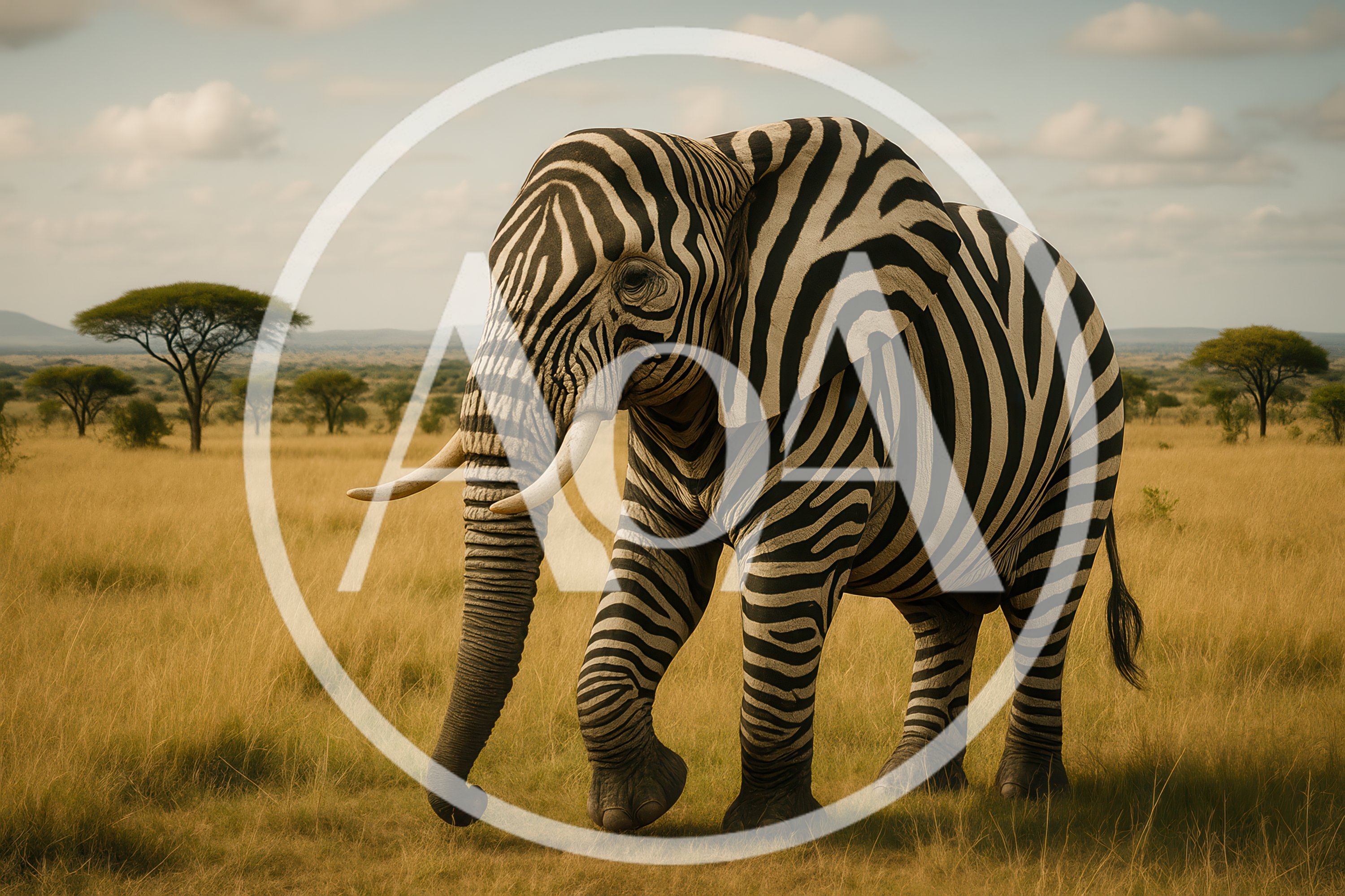 Surreal Zebra Patterned Elephant Walking Through African Savanna